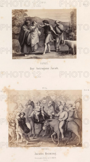 Photo reproductions of prints after frescoes depicting Jacob by Raphael for the loggias in the