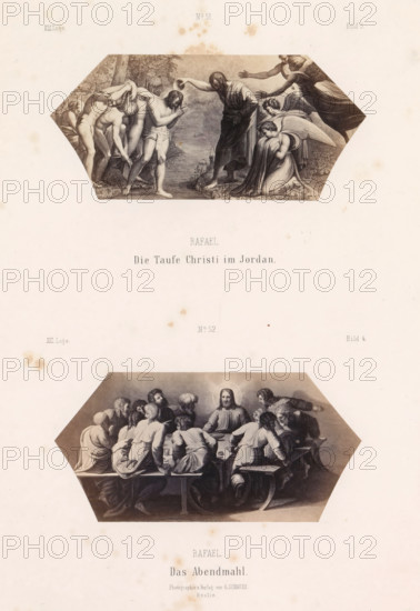 Photo reproductions of prints after frescoes depicting the Baptism of Christ and the Last Supper by