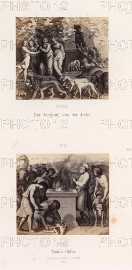 Photo reproductions of prints after frescoes depicting Noah's Ark and the Sacrifice of Noah by