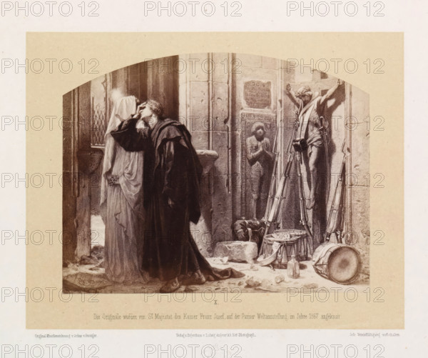 Photo reproduction of a drawing of an interior of a destroyed church with weapons on a statue of