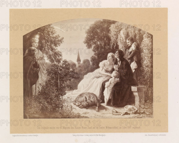 Photo reproduction of a drawing of a group in a garden looking at a streak of light in the sky,