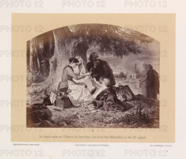 Photo reproduction of a drawing of a group with belongings and food under a tree in front of a