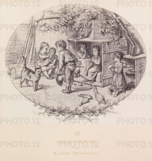 Photo reproduction of a drawing of children playing outside, Ernst & Scherz, reproduction, page,