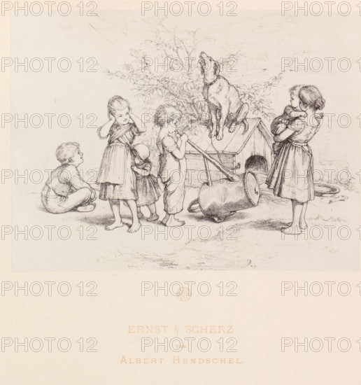 Photo reproduction of a children's drawing in front of a doghouse with a barking dog, Ernst &