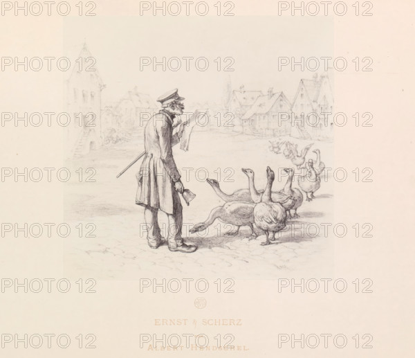 Photo reproduction of a drawing of a man with a newspaper and a bell and a flock of geese in front
