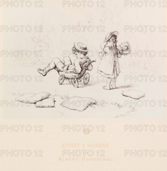 Photo reproduction of a drawing of a boy sitting in a doll's pram with a crying girl behind him