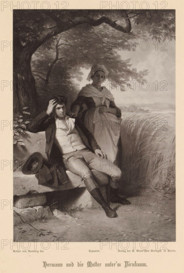 Photo reproduction of a painting depicting Hermann and his mother under a pear tree, Hermann und
