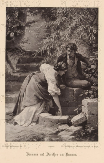 Photo reproduction of a painting depicting Hermann and Dorothea at the well, Hermann und Dorothea