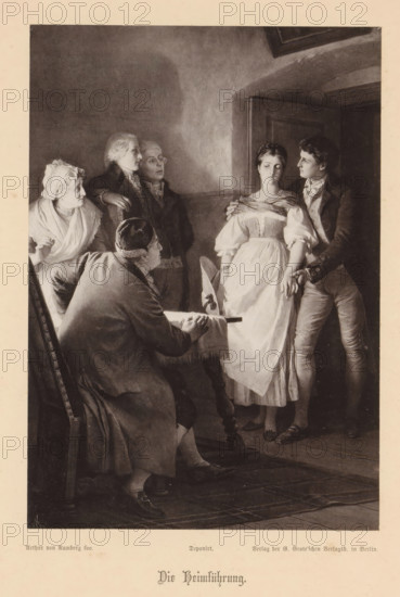 Heimkehr beim Anzug des Gewitters, Photo reproduction of a painting depicting Hermann and Dorothea
