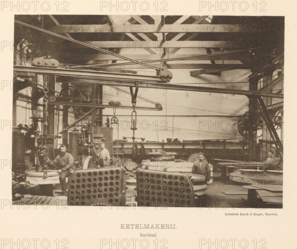 Boiler shop. Drilling room, Interior with employees of the boiler shop of the machine factory of