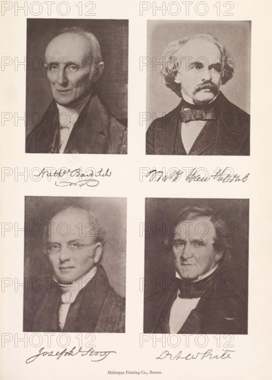 Photo reproductions of portraits of Nathaniel Bowditch, Nathaniel Hawthorne, Joseph Story and