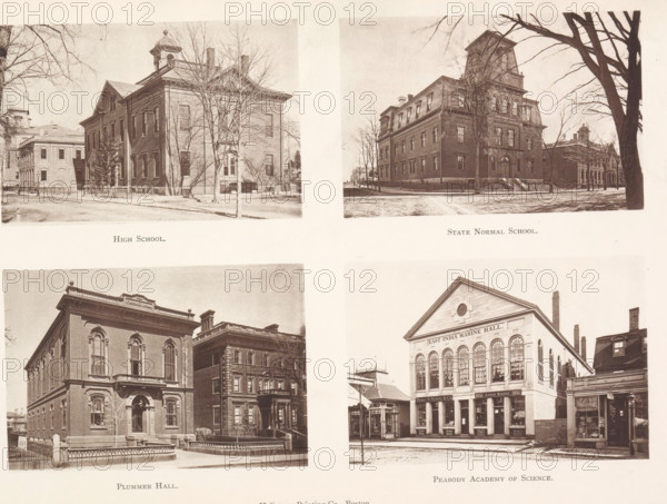 High School. State Normal School. Plummer Hall. Peabody Academy of Science, View of four schools in