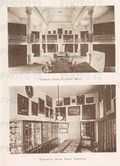Library Room, Plummer Hall. Historical Room, Essex Institute, Interior of the library and a study