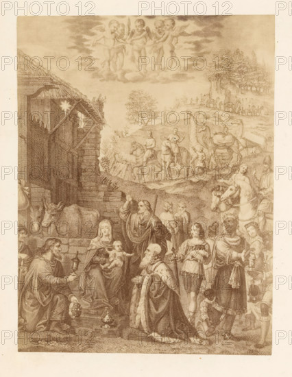 Photo reproduction of a print depicting the Adoration of the Magi, photograph, reproduction, page,