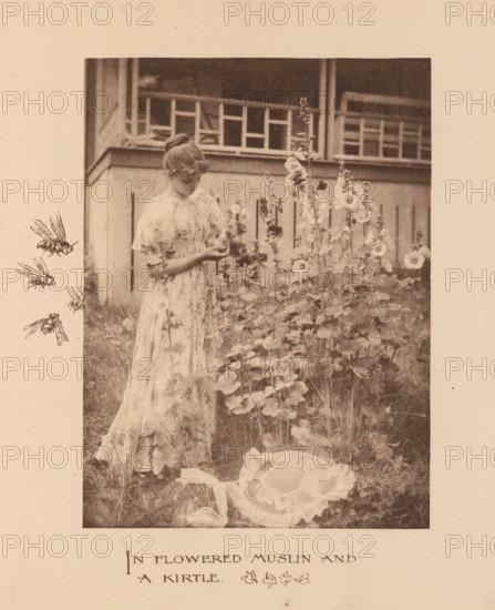 Woman in a garden with poppies, page, photomechanical print, inscription: 'In Flowered Muslin and a