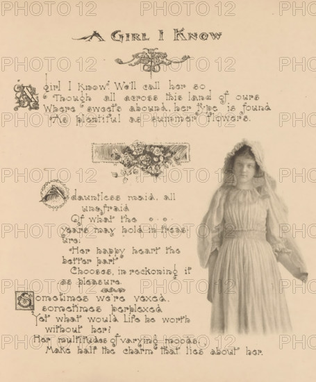 Portrait of an unknown girl in a white dress and with a white bonnet, page, photomechanical print,