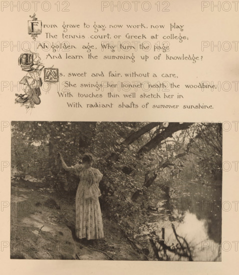 Woman on a waterfront with trees, page, photomechanical print, photographer: Mary Bartlett, United
