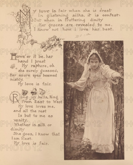 Portrait of an unknown girl with a white dress and a white bonnet in a garden, page,
