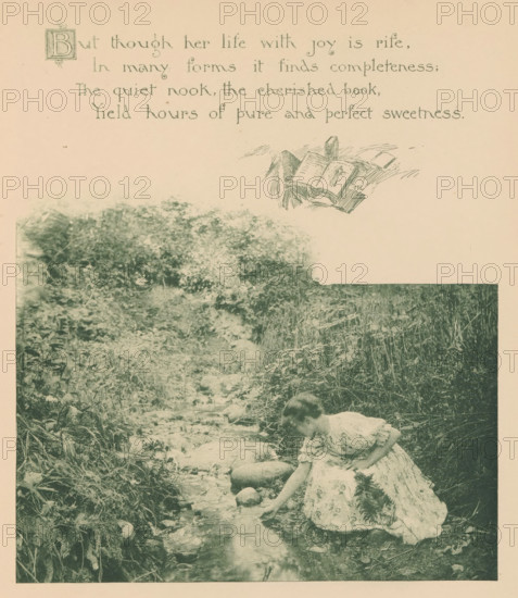 Woman crouching by a stream, page, photomechanical print, photographer: Mary Bartlett, United