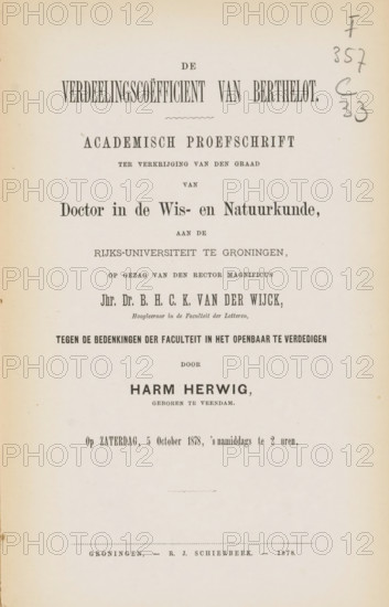 The distribution coefficient of Berthelot, book, writer (clerical worker): Harm Herwig, publisher:
