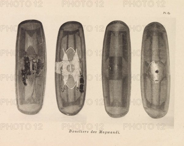 Boucliers des Mogwandi, Four shields of the Ngbandi, page, photomechanical print, number: 'Pl. 83