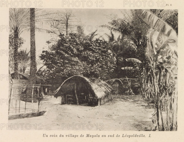 Wooden house in Mayala, Un coin du village de Mayala au sud de Léopoldsville, page, photomechanical