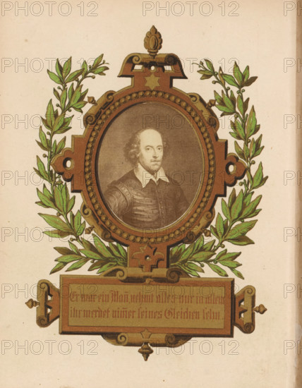 Photo reproduction of a portrait of William Shakespeare, photograph, reproduction, page,