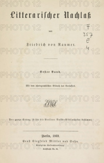 Portrait of Friedrich Ludwig Georg von Raumer, photograph, page, c. 1859 - in or before 1869,