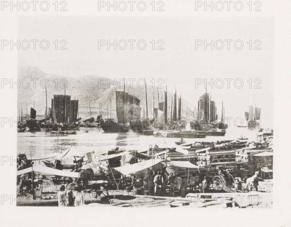 Drying place for sails in Port Arthur, with Chinese junks in the background, page, photomechanical