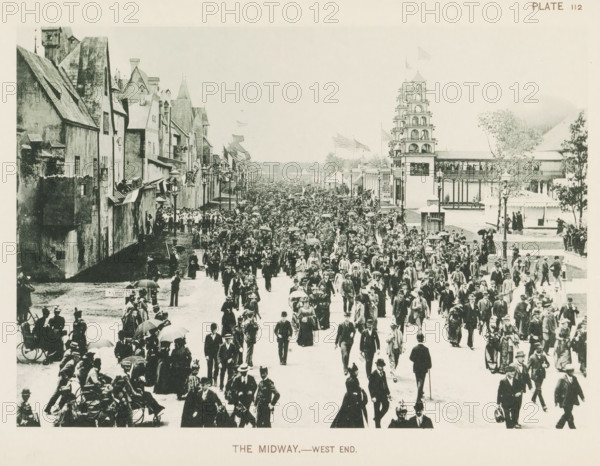 The Midway.- west end, View of a street with country pavilions at the World's Columbian Exposition
