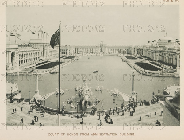 View of the central plaza of the World's Columbian Exposition in Chicago in 1893 with a large pond