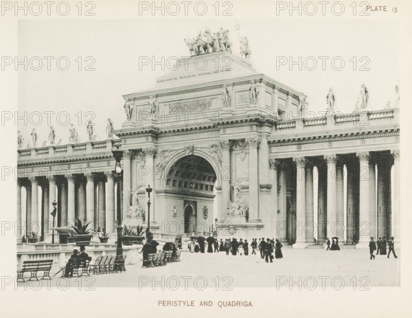 View of the colonnaded entrance arch of the World's Columbian Exposition in Chicago in 1893,