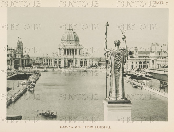 View of the central plaza of the World's Columbian Exposition in Chicago in 1893 with the statue by