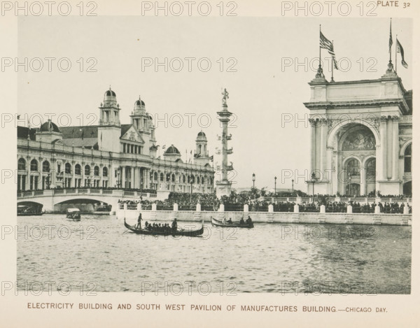 Electricity Building and south west pavilion of Manufactures Building.- Chicago day, View of the