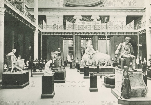 Interior of a room with sculptures in the Palace of Fine Arts at the World's Columbian Exposition