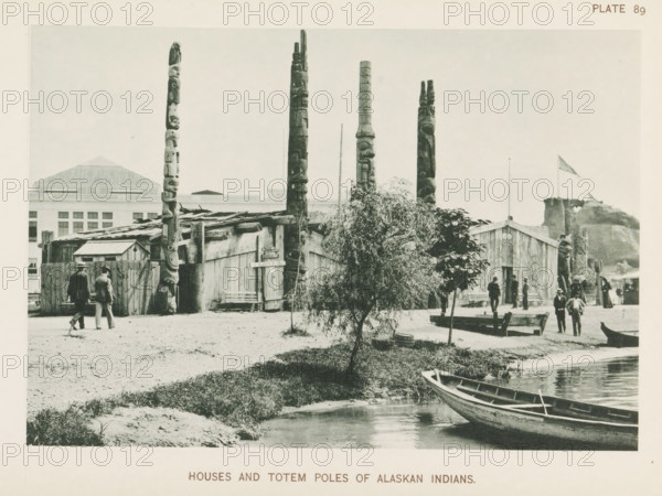 Houses and totem poles of Alaskan people at the World's Columbian Exposition in Chicago in 1893,