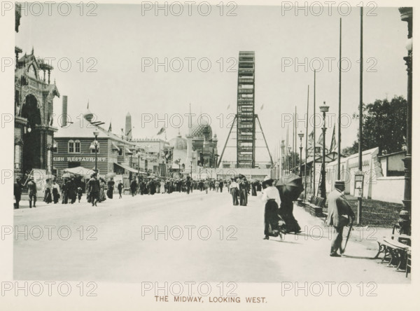 The Midway, looking west, View of a street with national pavilions and a Ferris wheel at the