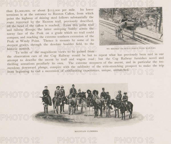 We helped to build Pike's Peak railway, Two donkeys, one loaded with tools, page, photomechanical