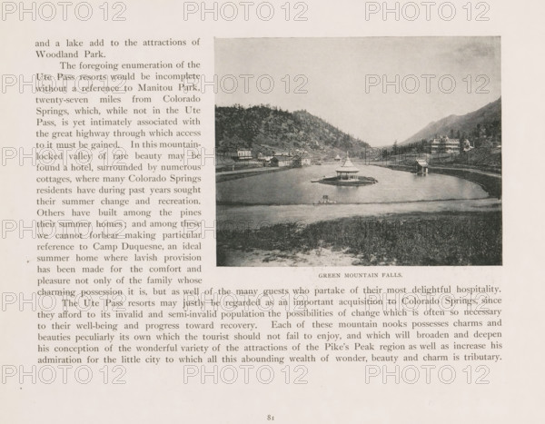 View of Green Mountain Falls in Colorado, Green Mountain Falls, page, photomechanical print, cliché