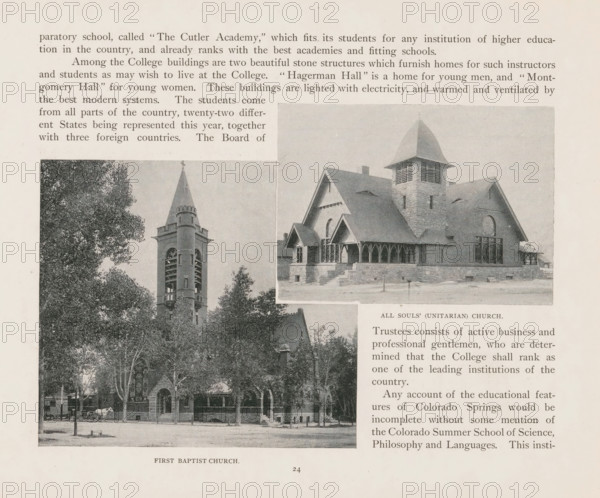 Photomontage of two churches in Colorado Springs, All Souls's (Unitarian) Church, First Baptist