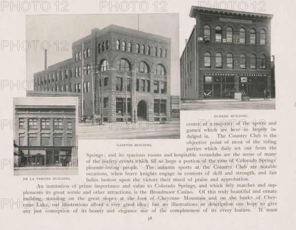 Photomontage of three buildings in Colorado Springs, page, photomechanical print, photomontage,
