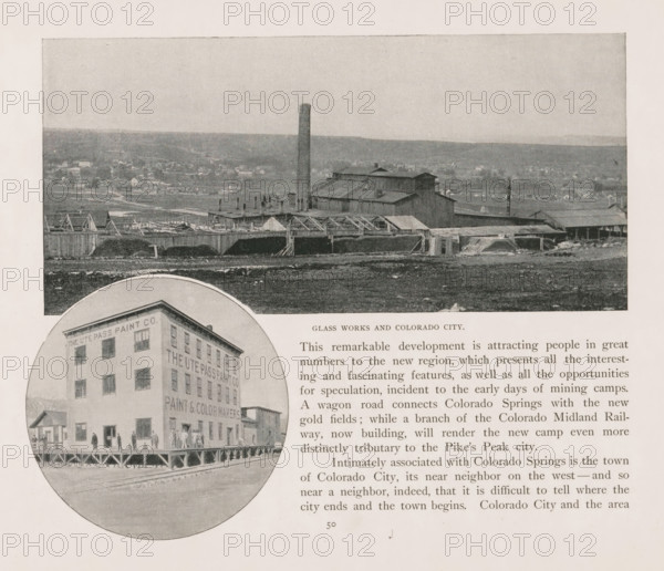 Glass works and Colorado City, Photomontage of a view of Colorado City and a paint factory, page,