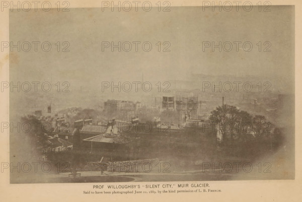View of the imaginary city of Silent City in Alaska, Prof. Willoughby's Silent City, Muir Glacier,