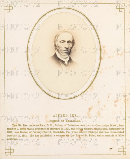 Portrait of Alfred Lee, photograph, page, inscription: 'Alfred Lee, Bishop of Delaware, ',