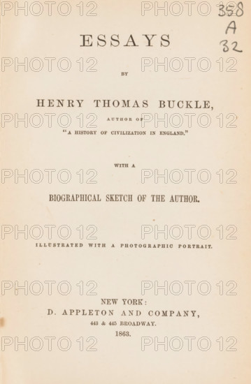 Essays, by Henry Thomas Buckle, book, annotation: 'FEB, 1998', name: 'John L. Mutuig', bookplate: