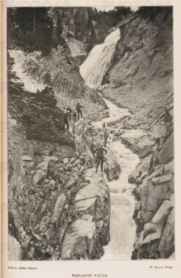 Paradise Falls, View of a group of mountain climbers at a waterfall, page, photomechanical print,