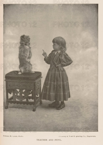 teacher and pupil, Portrait of an unknown girl teaching the dog a trick, page, photomechanical