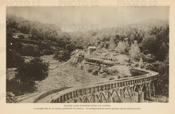Sluice Line Constructed on Curve, View of a flushing water line at a mine, page, photomechanical