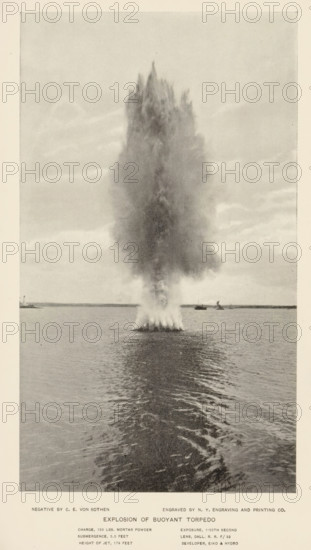 Explosion of a torpedo underwater, page, photomechanical print, photographer: CE von Sothen, cliché