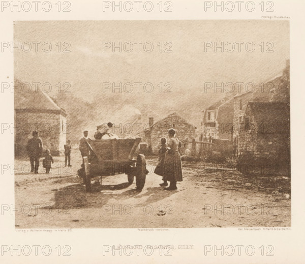 View of a street and unknown people loading a cart, page, photomechanical print, photographer: